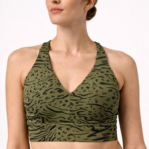 Athleta ($75) Animal Print Sports Bra Olive Green Racerback Medium Support